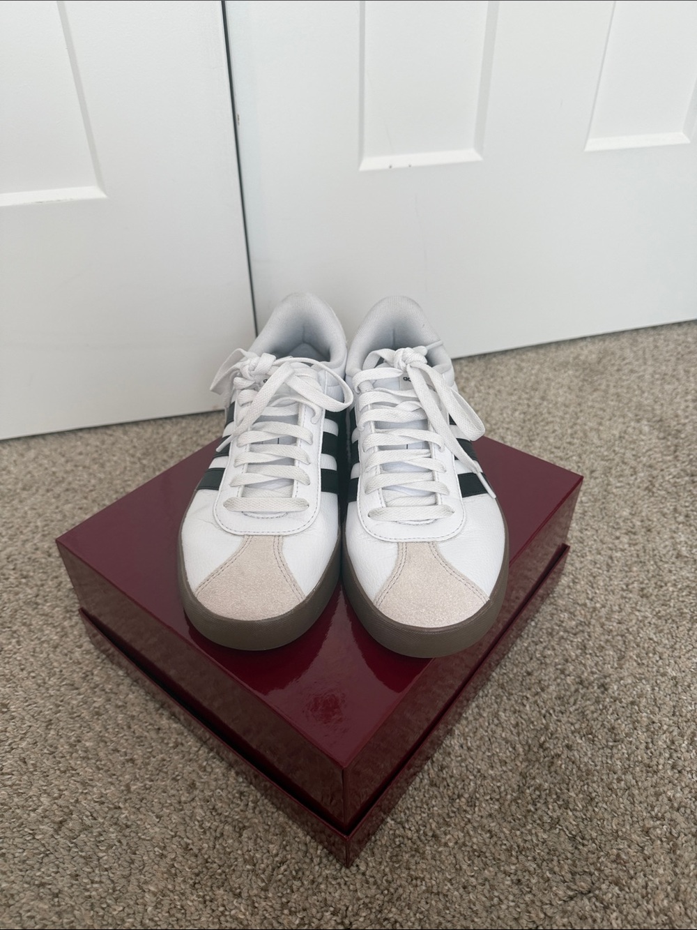 adidas White Sneakers with Black Three-Stripes and Gum Sole